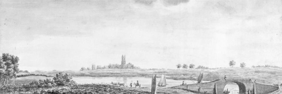 An ink-and-wash study of the Mutford Bridge area, created by Richard Powles in 1787. This view forms one of the items in the Isaac Gillingwater collection of local illustrations (c. 1807) - Suffolk Archives, Ipswich - 193/2/1.