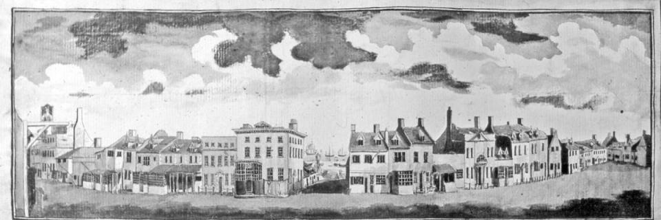 Ink-and-wash study of the High Street, produced in 1784 by Richard Powles, looking down Crown Score and revealing extensive east-side frontages to either side. One of the illustrations to be found in the Isaac Gillingwater collection of local views (c. 1807) - Suffolk Archives (Ipswich), 193/2/1.