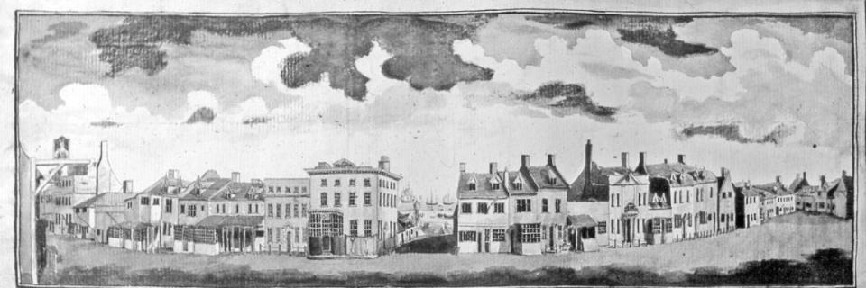  Richard Powles’s ink-and-wash view of the High Street in 1784, looking straight down Crown Score. Note the humber of premises with shop fronts. The inn sign on the left, with its portrait of Queen Anne (reigned 1702-14) advertised the “Queen’s Head” premises, halfway down Tyler’s Lane (Compass Street) on the south side. Taken from the Isaac Gillingwater collection of illustrations (c. 1807): Suffolk Archives (Ipswich), 192/3/1.