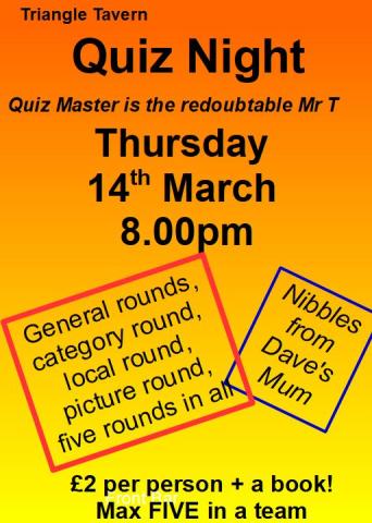 Poster Quiz Night at Triangle Tavern 14th March 2024