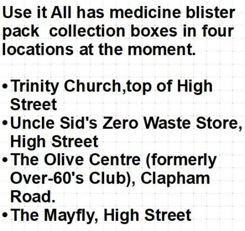 You can recycle at Trinity Church, Uncle Sid's Zero Waste Store. The Mayfly, and The Olive Centre