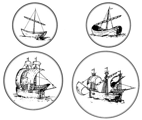 Graphically enhanced images of trading and inshore fishing craft which feature on the “Martin Map” of c. 1580, showing the local coastline from Pakefield to Gorleston - Suffolk Archives (Ipswich), Acc. No. 368.