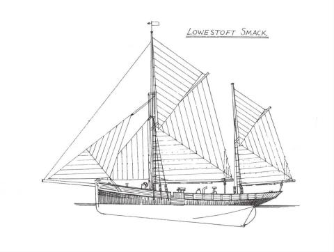 Line drawing of a typical Lowestoft smack - done by the late Syd Brown