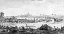 Ink-and-wash study of Mutford Bridge by Richard Powles (1787), showing rod-and-line angling in progress. The tower of Kirkley Church is visible in the distance. View taken from the Isaac Gillngwater collection of illustrations (c. 1807) - Suffolk Archives (Ipswich), 193/2/1. Mitford Bridge