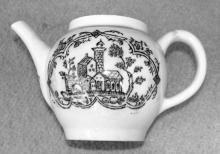 A Lowestoft Porcelain blue-and-white ware teapot, showing the transfer-printed Good Cross Chapel pattern - referred to in text and showing the five buildings mentioned. Image courtesy of John Bussey, GCC pattern collector. Pot